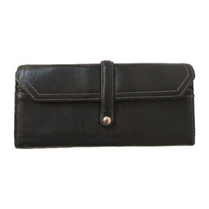 Vintage Black Leather Wallet with Snap Closure & Striped Lining